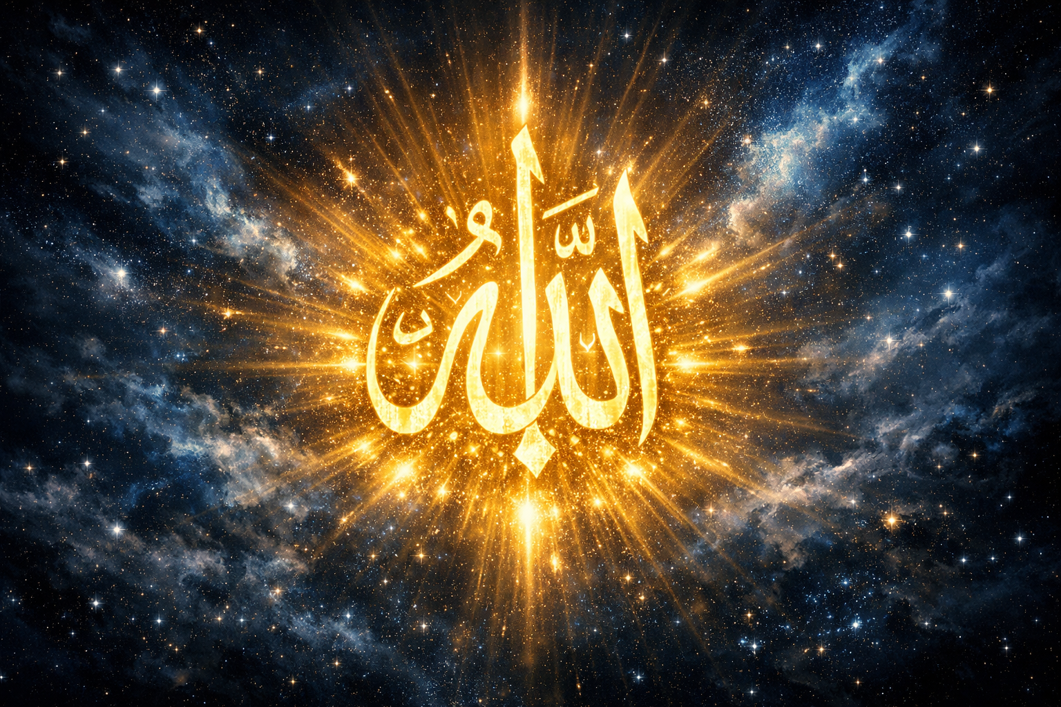Golden Islamic calligraphy of the name Allah radiating light in the universe, representing the Greatest Name.