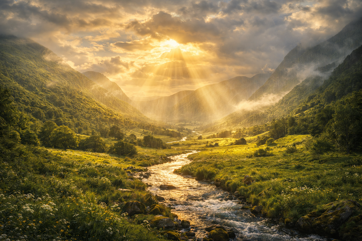 A lush landscape with sun and rain symbolizing the abundant mercy of Ar-Rahman covering all creation.