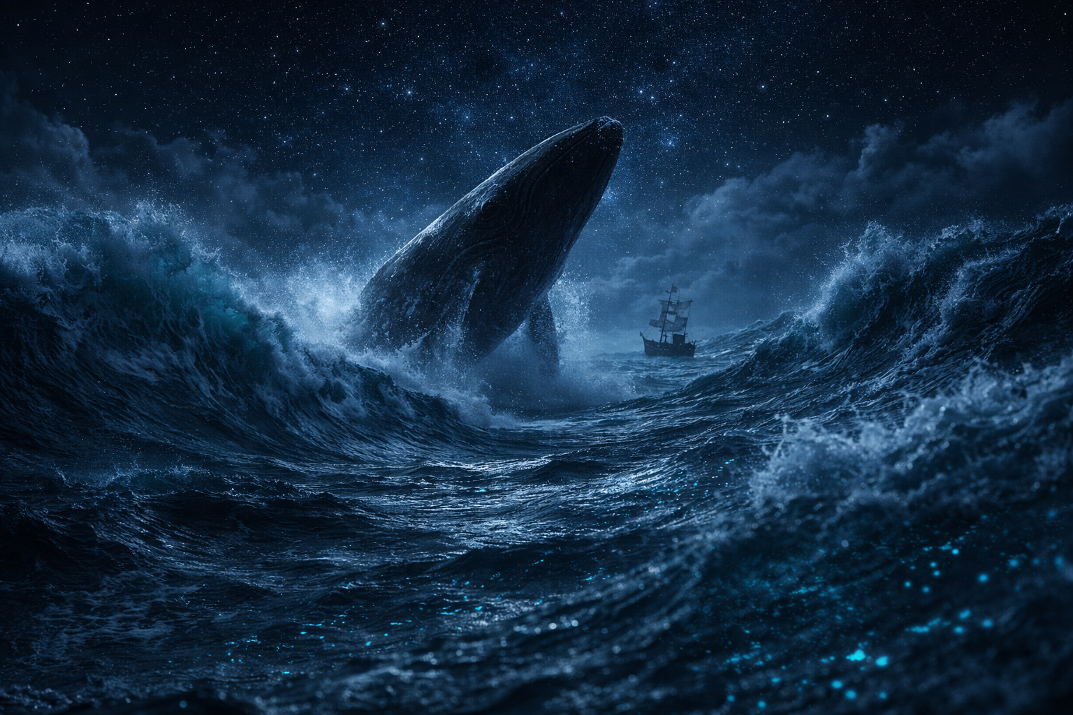 Wide shot of a turbulent dark ocean under a starry night sky with a massive whale breaching the surface, symbolizing the story of Prophet Yunus.