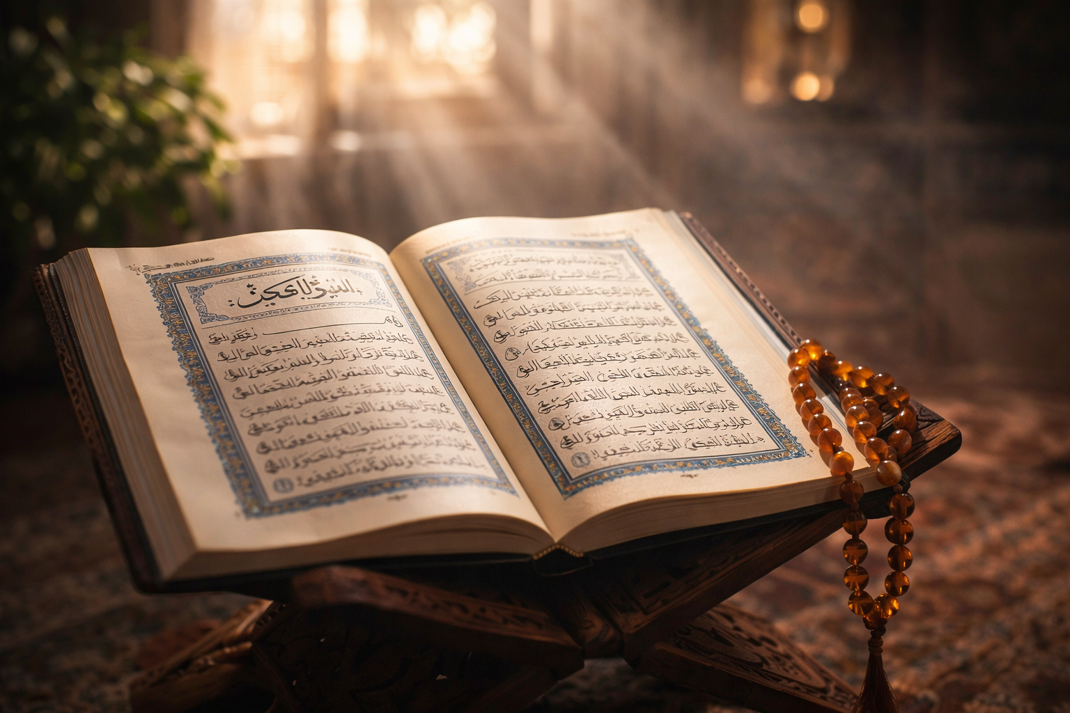 Open Quran book on a wooden stand with soft sunlight falling on the pages, surrounded by prayer beads, creating a peaceful Friday morning atmosphere.