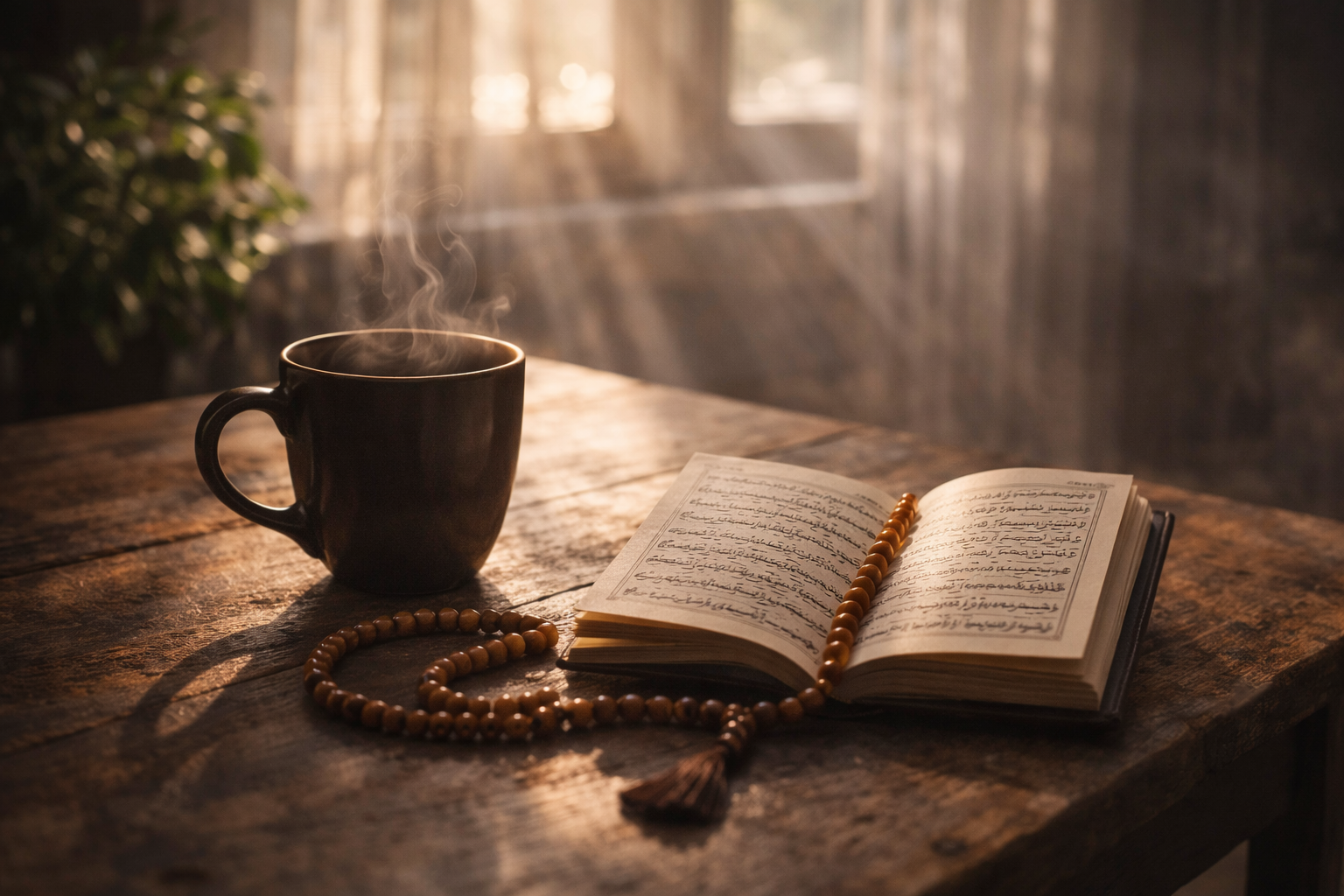A peaceful scene of a cup of coffee and prayer beads (Misbaha) on a wooden table next to a window with soft morning light, symbolizing a calm start to the day.