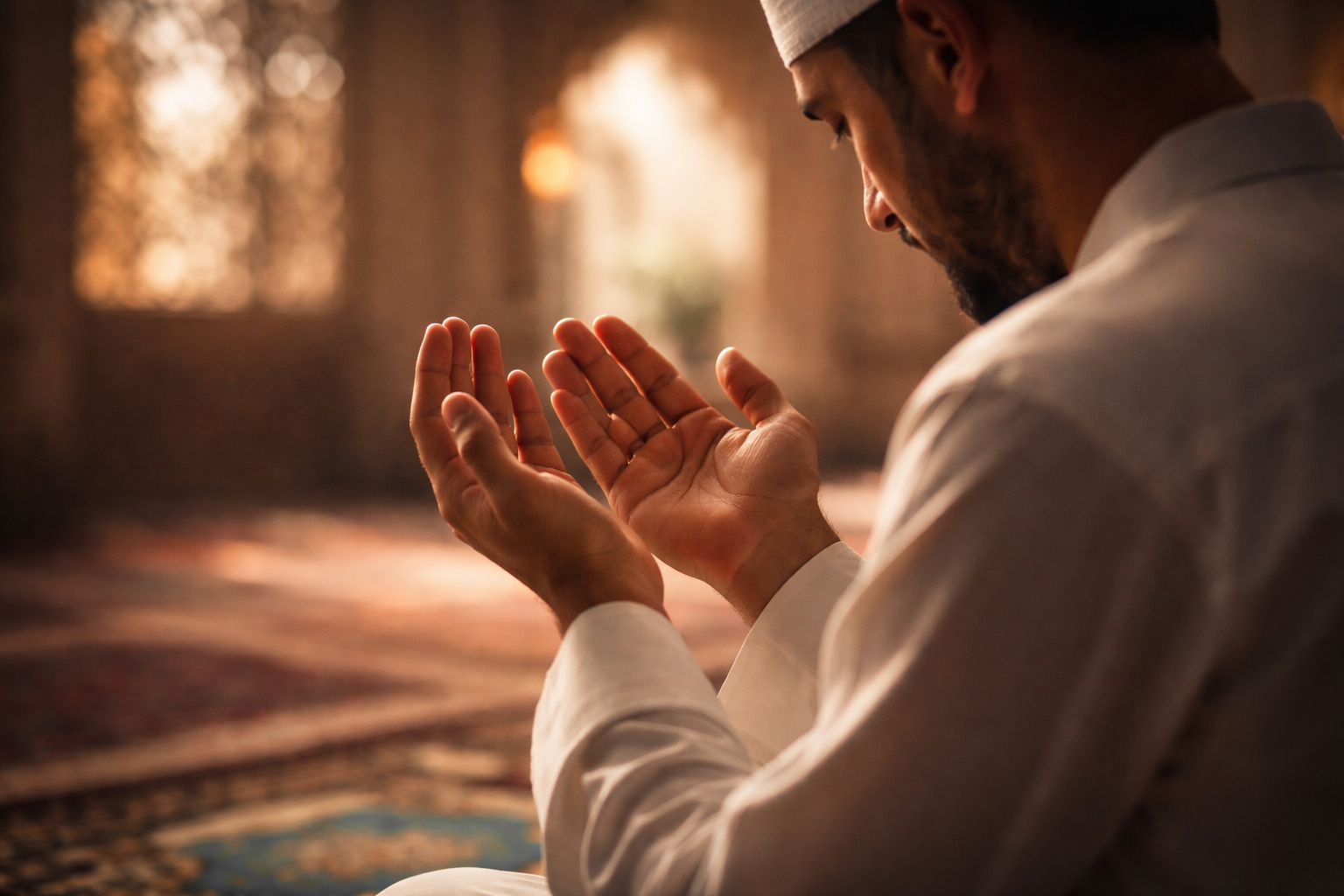 A close-up shot of Muslim hands raised in supplication (Dua) with a blurred background of a mosque interior, representing the moment of asking Allah for guidance.