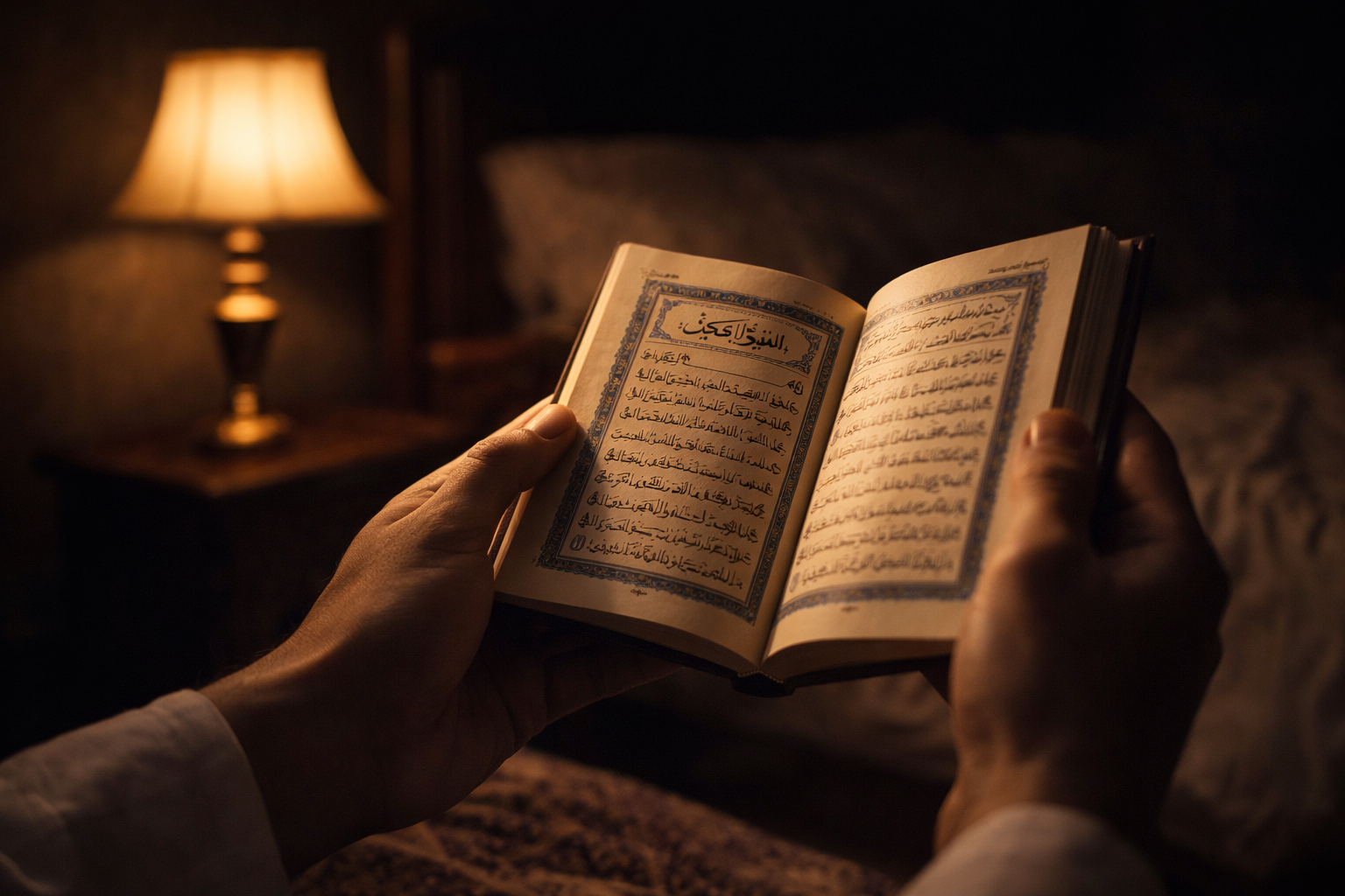 A cozy night scene showing a person reading the Quran under the warm light of a bedside lamp, emphasizing peace and tranquility before sleep.