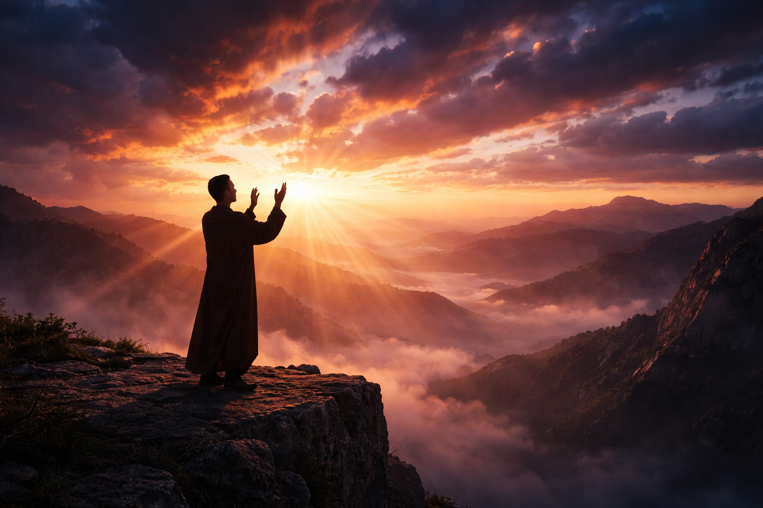 A silhouette of a man standing on a mountain peak at dawn, raising hands to the sky, symbolizing deep repentance and connection with the Creator.