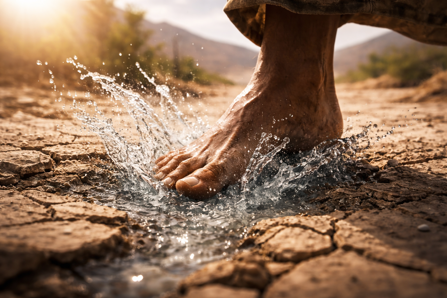 A close-up of water gushing from dry desert ground with a foot striking the earth, symbolizing the miracle of Prophet Ayoub's healing.