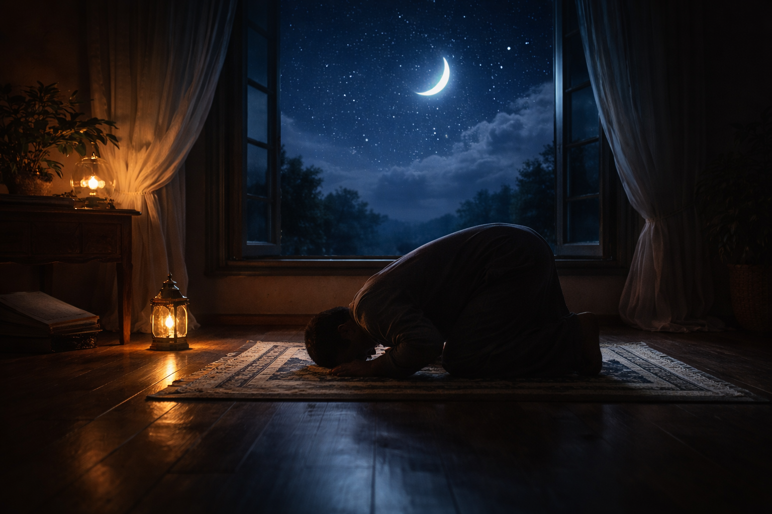 A view through an open window at night showing a starry sky and a crescent moon, with a silhouette of a person praying inside, illuminated by soft lamp light.