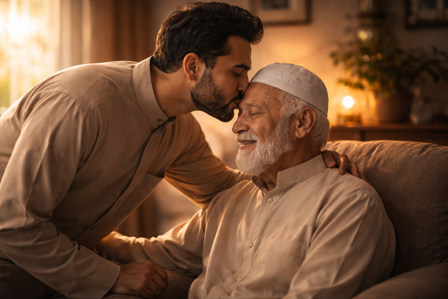 A respectful young man kissing the forehead of his elderly father who is sitting in a chair, expressing deep love, respect, and dutifulness in a warm home setting.