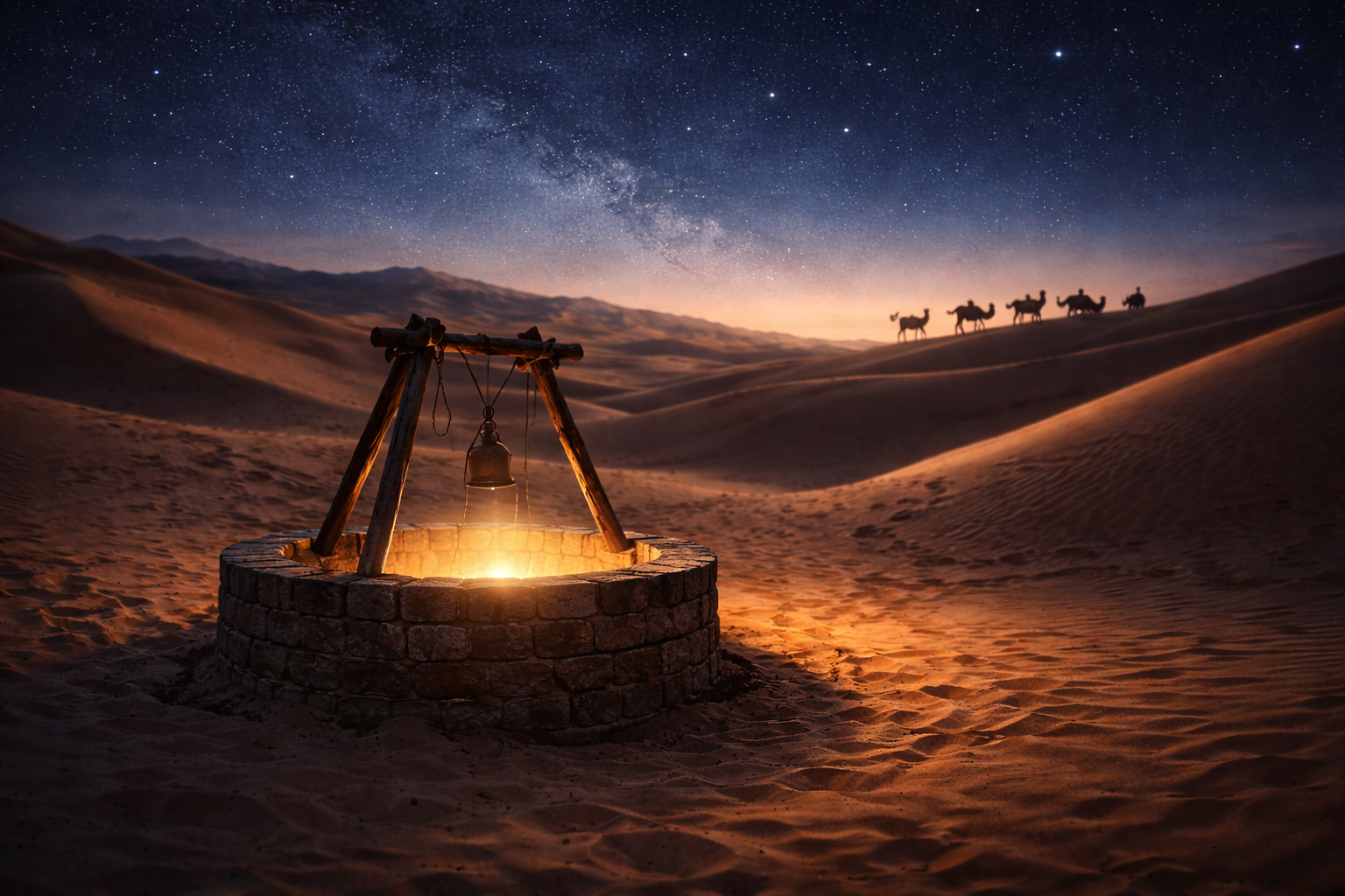 A cinematic depiction of a desert well under a starry night, symbolizing the beginning of Prophet Yusuf's journey, with a caravan approaching in the distance.