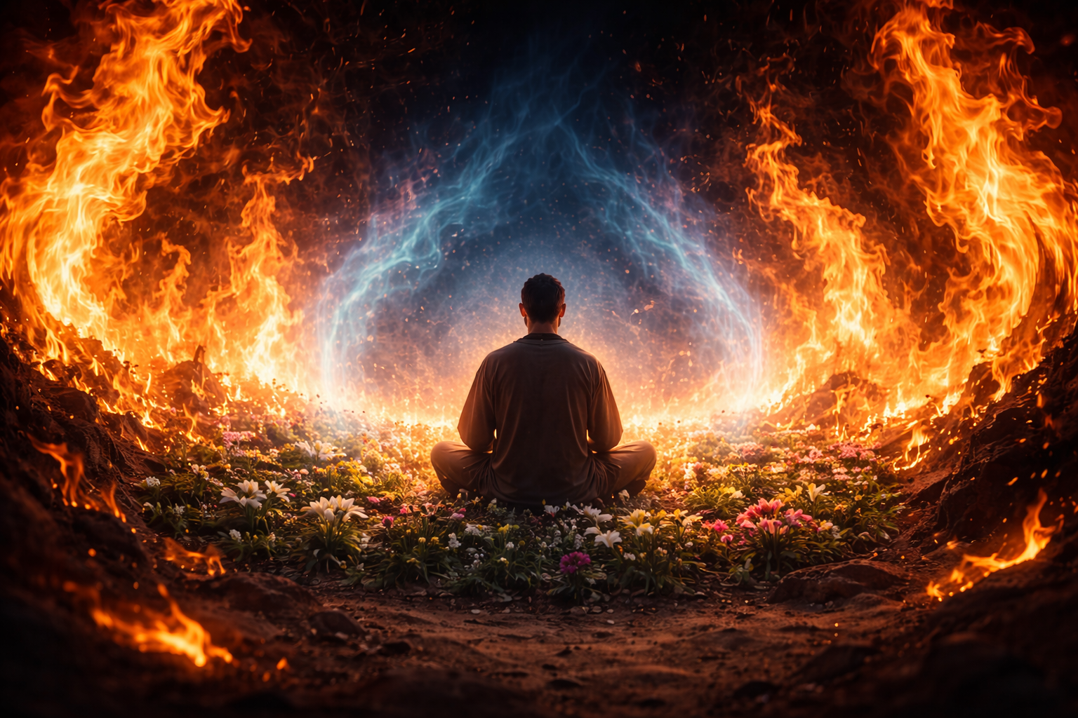 A silhouette of a man sitting calmly amidst roaring orange flames that do not touch him, symbolizing the miracle of Prophet Ibrahim.