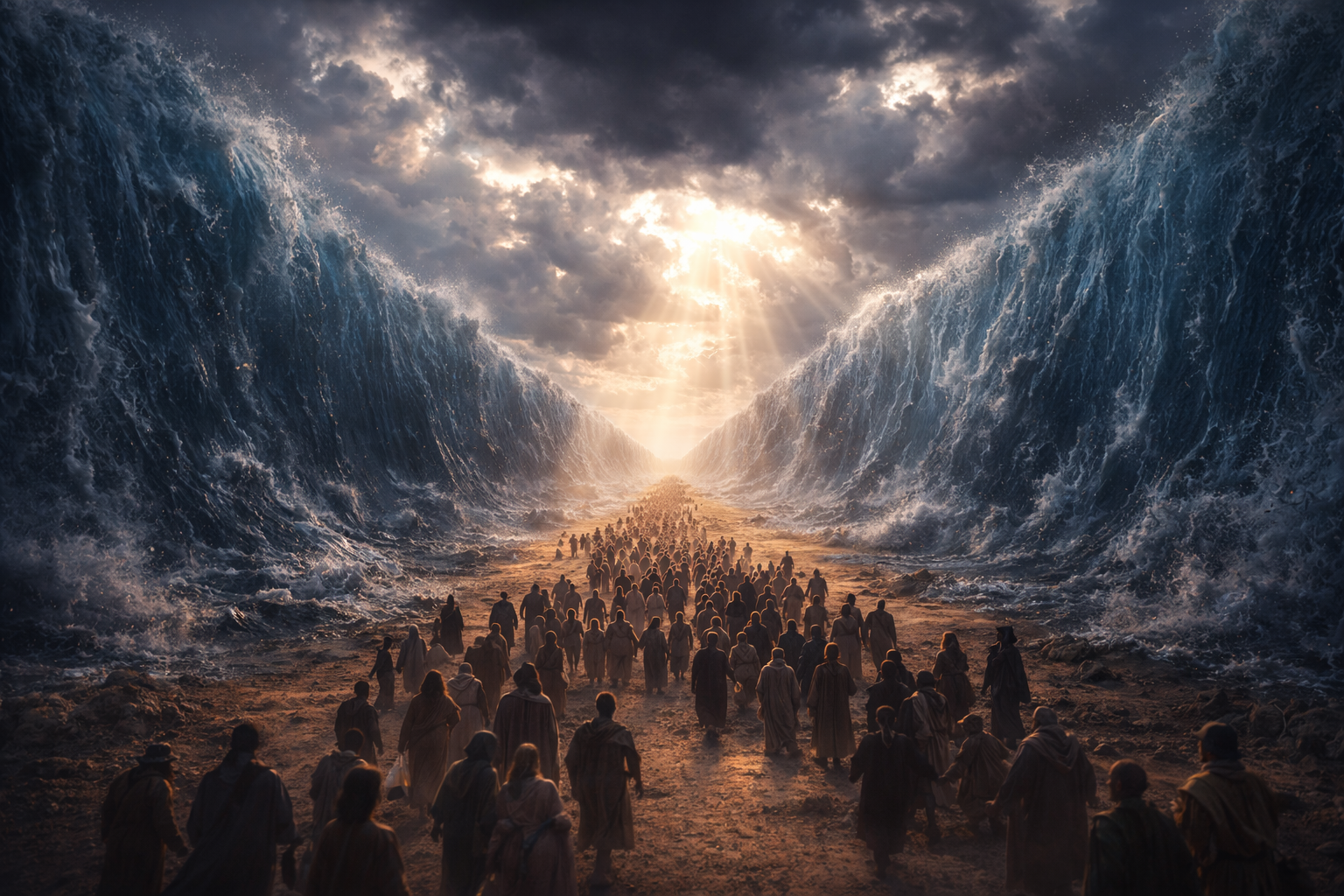Wide shot of the Red Sea split in half with towering walls of water on both sides, and a dry path in the middle where people are walking, dramatic sky.