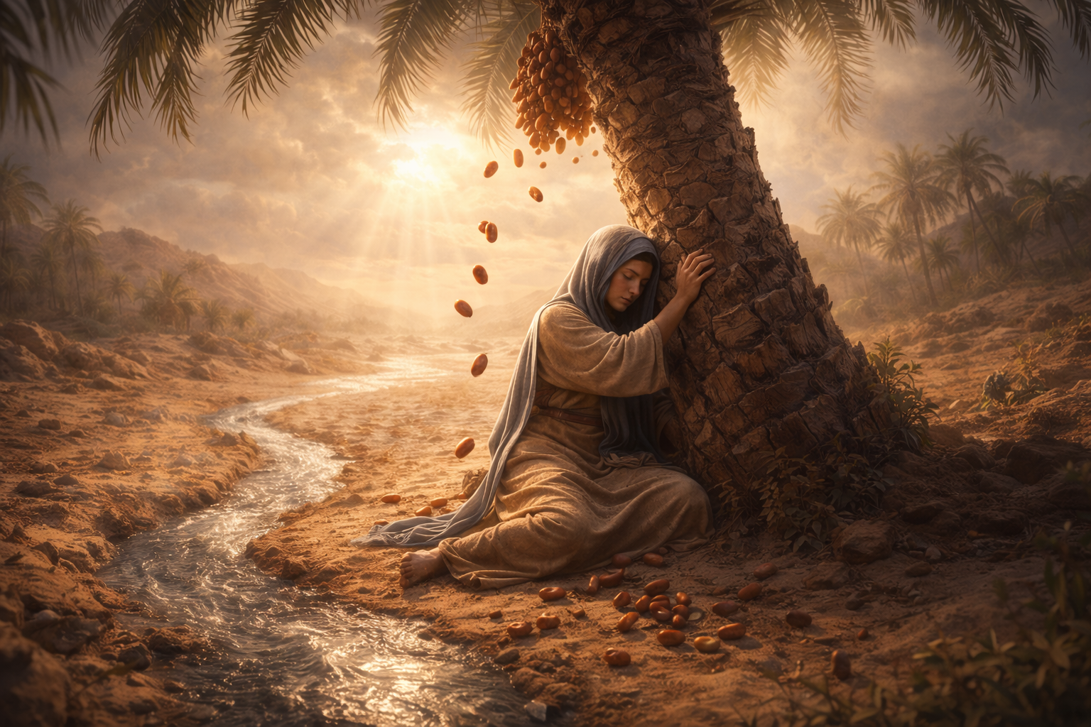 Cinematic shot of a woman in modest robes sitting under a palm tree in the desert, shaking the trunk while fresh dates fall, with a stream of water flowing nearby.