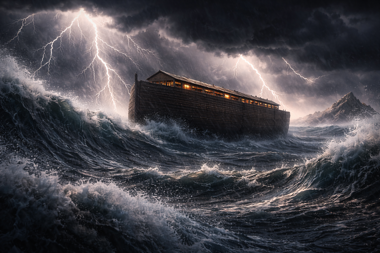 Epic scene of a massive wooden ark floating on turbulent waters amidst a storm, with lightning illuminating the sky and a mountain peak barely visible.
