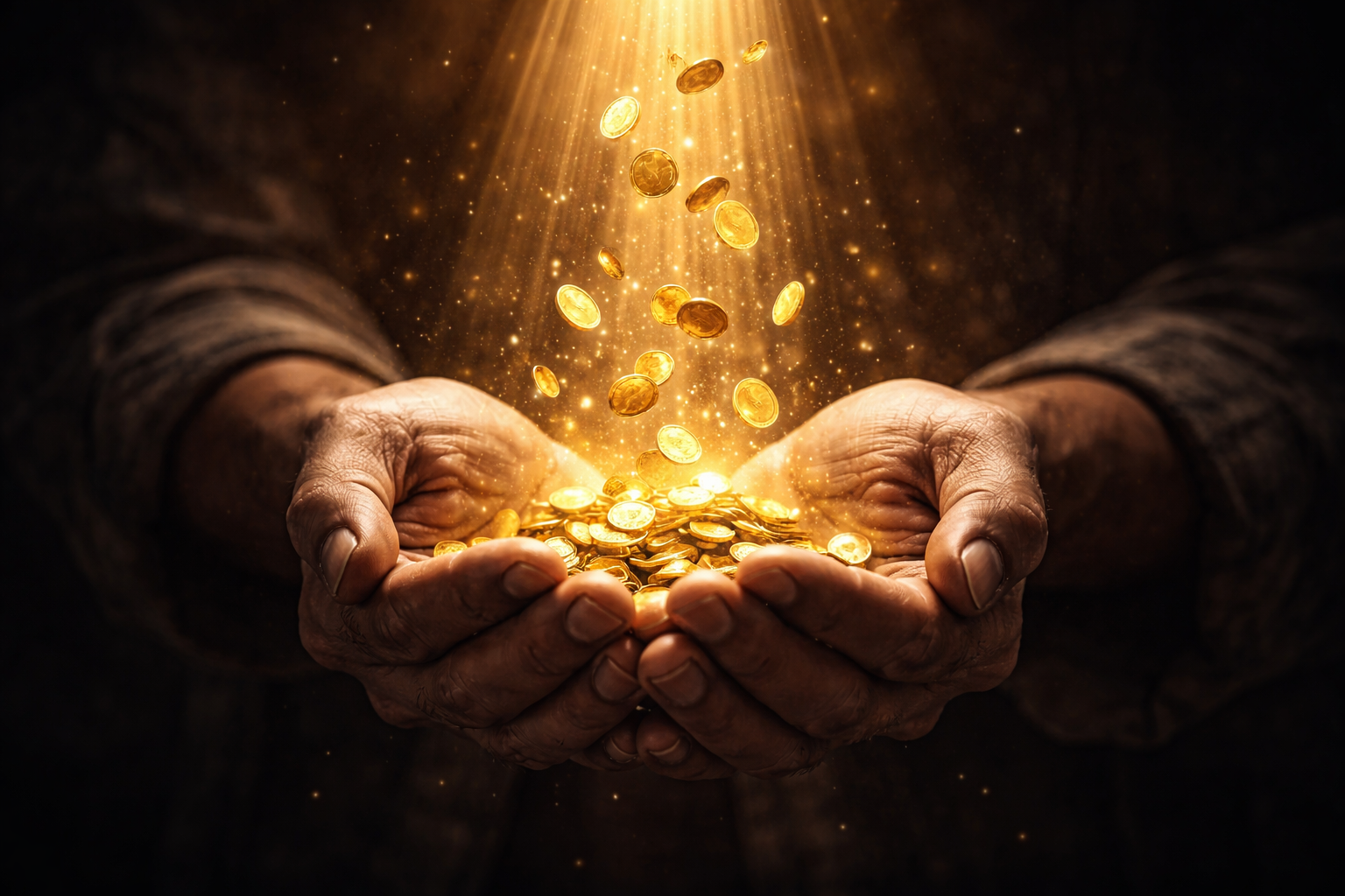 A close-up of hands holding old coins and currency, with a blurred background of a ledger, representing financial struggle turning into relief.