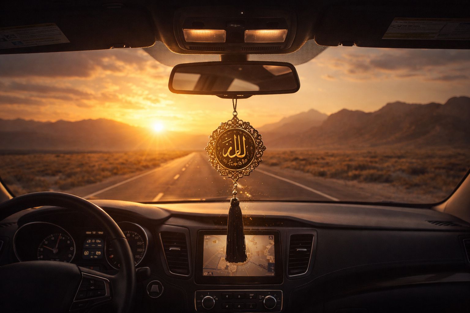 View from inside a car driving on a scenic road with a hanging ornament of "Dua for Travel" in Arabic calligraphy, sunset background.