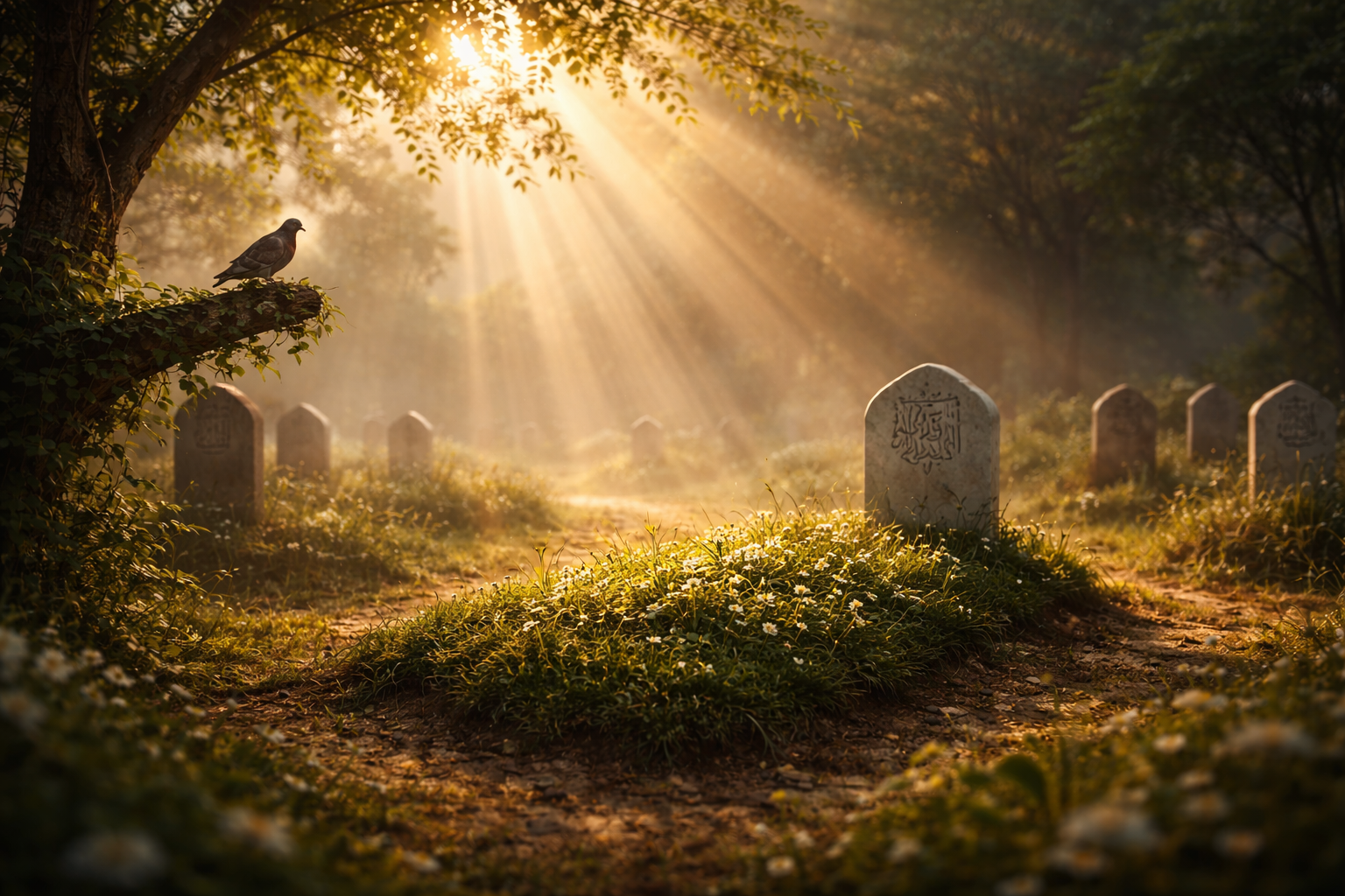 A peaceful cemetery scene with soft beams of sunlight breaking through clouds onto a green grave, symbolizing mercy and light descending upon the deceased.