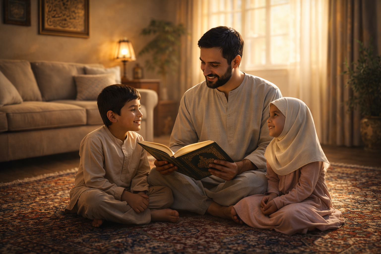 A warm indoor scene of a Muslim father sitting on a carpet reading a book (Quran) to his young son and daughter, with soft sunlight coming through the window.