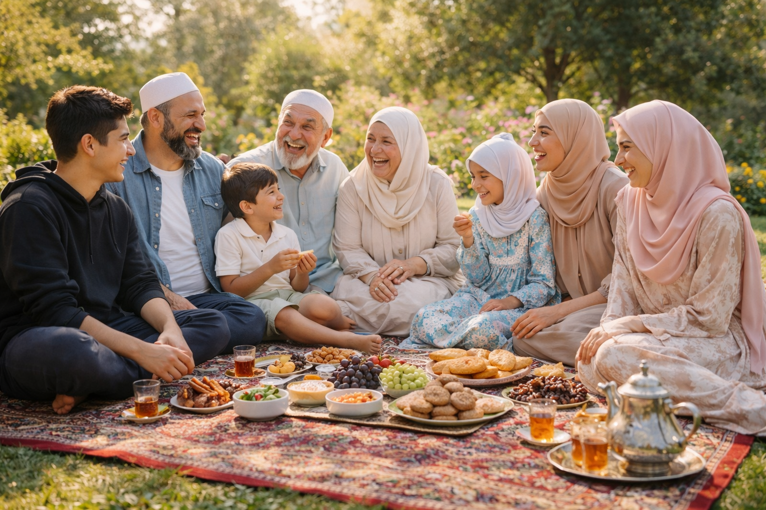 A heartwarming gathering of a large extended family (grandparents, parents, children) sharing a meal on a rug in a garden, laughing and bonding.