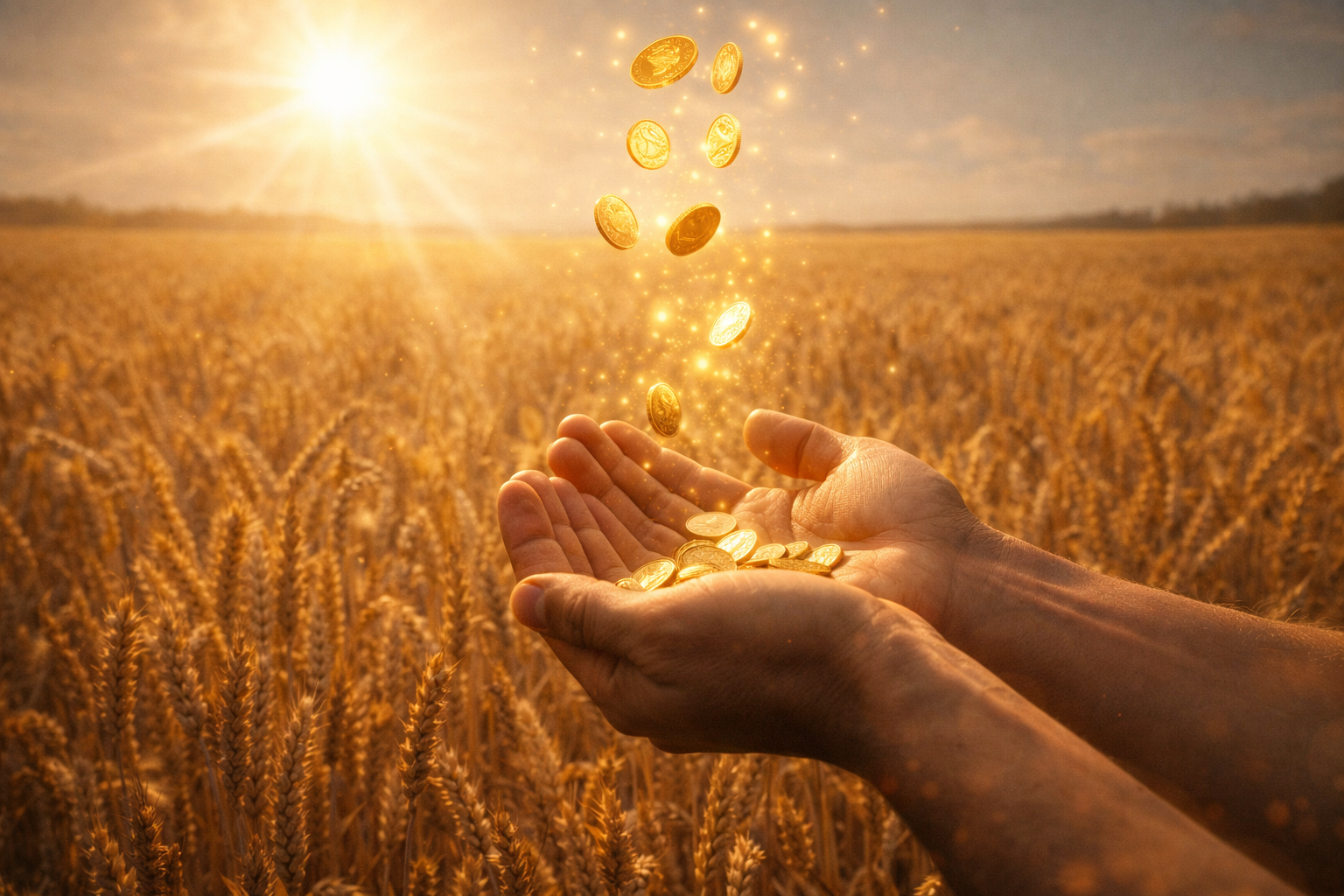 A golden wheat field ready for harvest under a bright sun, with open hands receiving grains, symbolizing abundance and divine provision.