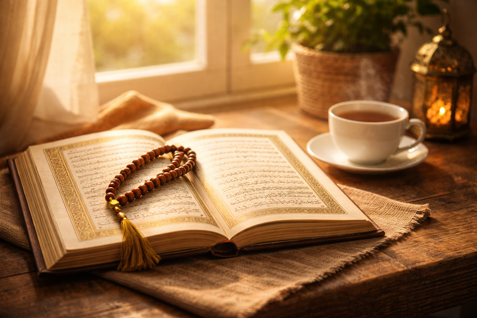 Open Quran and prayer beads on a table bathed in soft morning sunlight, representing the peace of daily Adhkar.