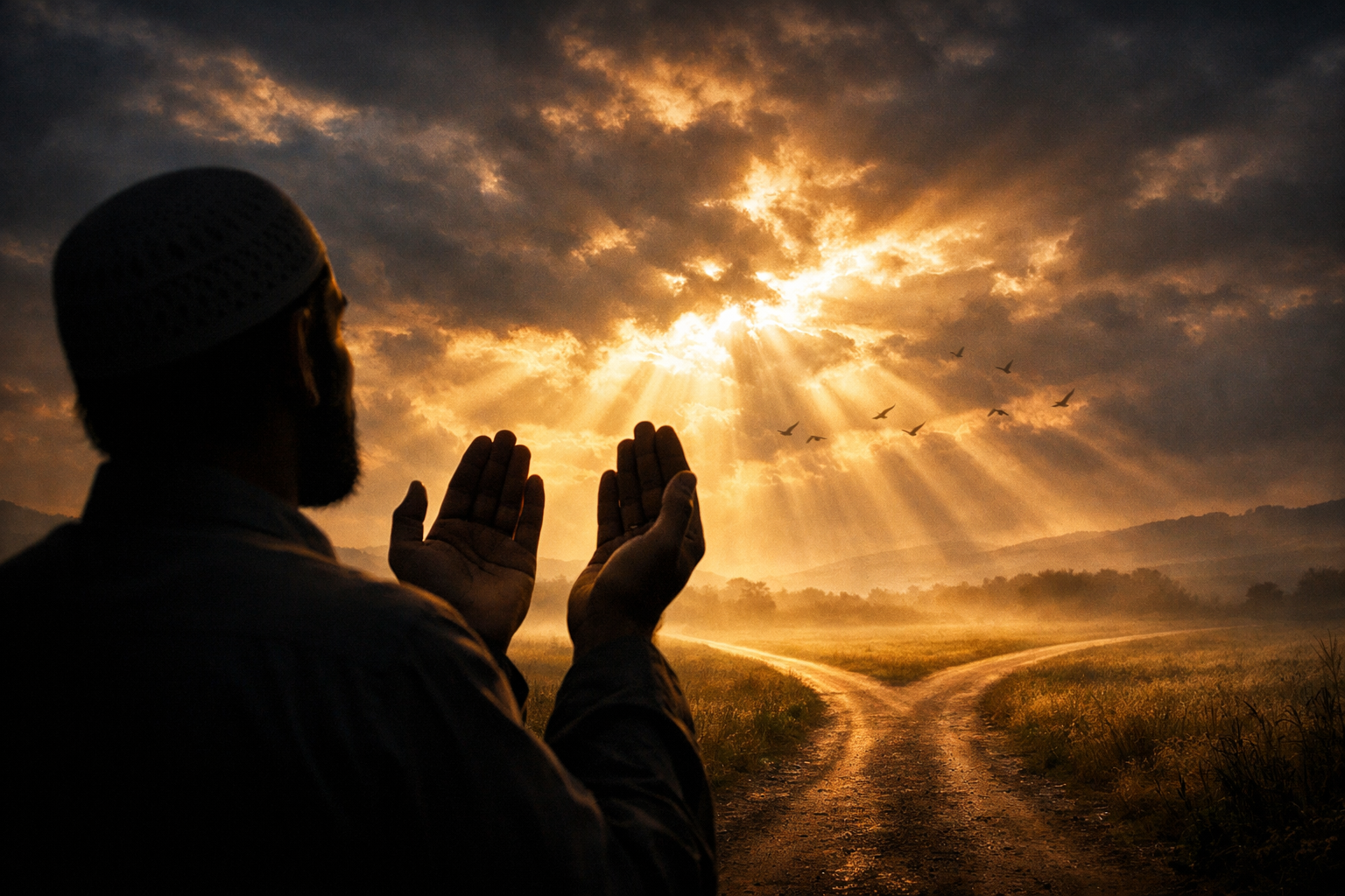Hands raised in Dua for Salat Al-Istikhara, seeking divine guidance from Allah amidst rays of light.