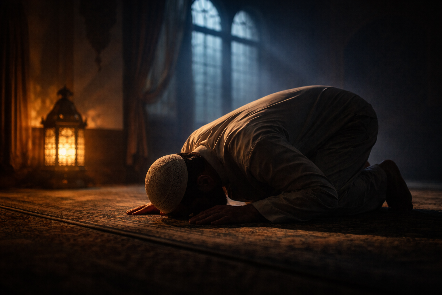 A believer praying Qiyam Al-Layl in the depth of the night, symbolizing spiritual connection and Witr prayer.