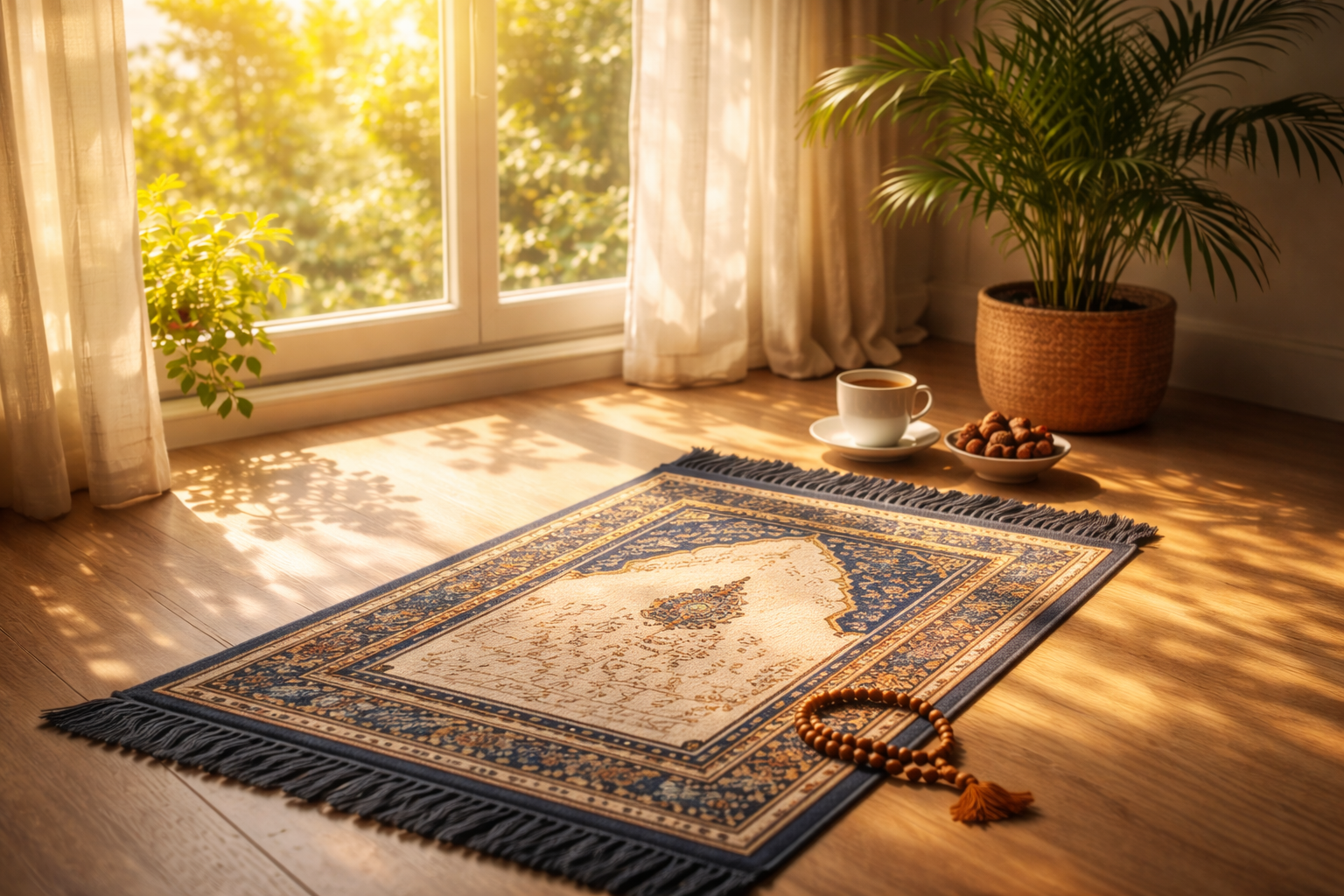 A prayer mat bathed in golden morning sunlight representing Salat Al-Duha and the prayer of Awwabin.