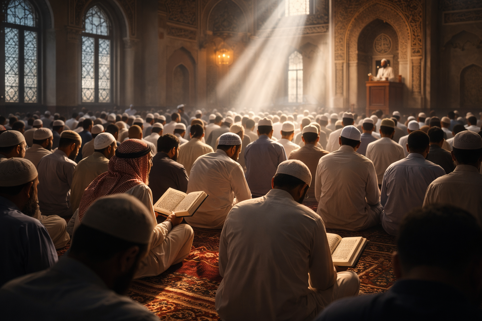 Muslim worshippers inside a beautiful mosque on Friday reading Quran and listening to Khutbah, representing Jumu'ah prayer.