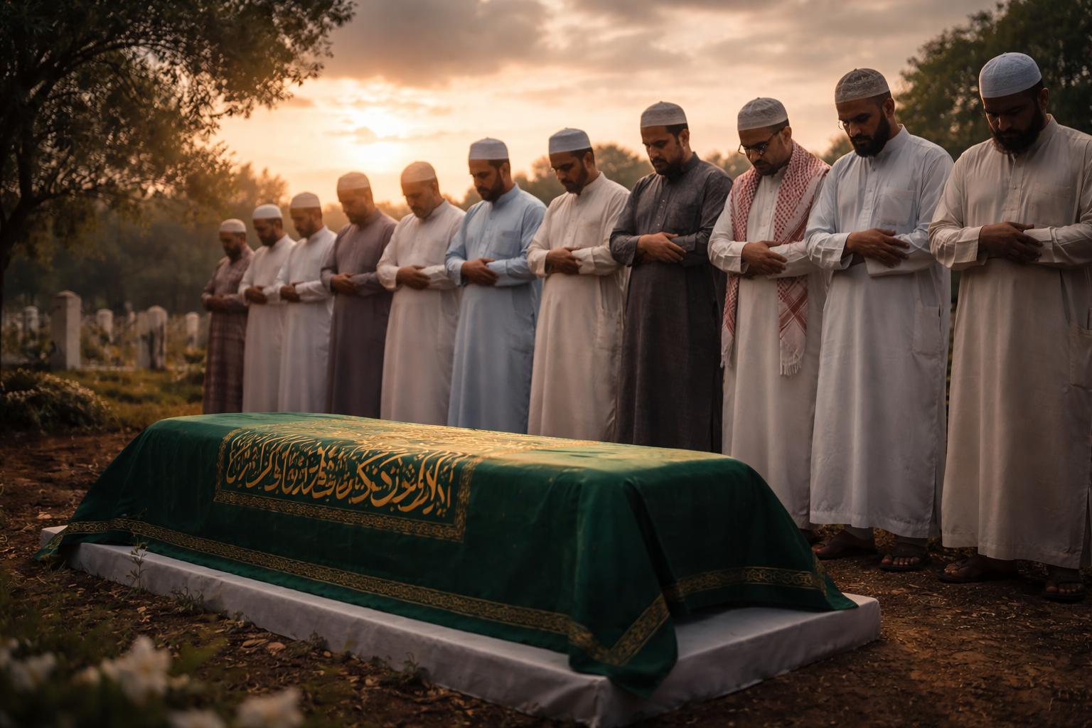 Muslims performing Salat Al-Janazah (Funeral Prayer) over a deceased person, representing the final farewell in Islam.