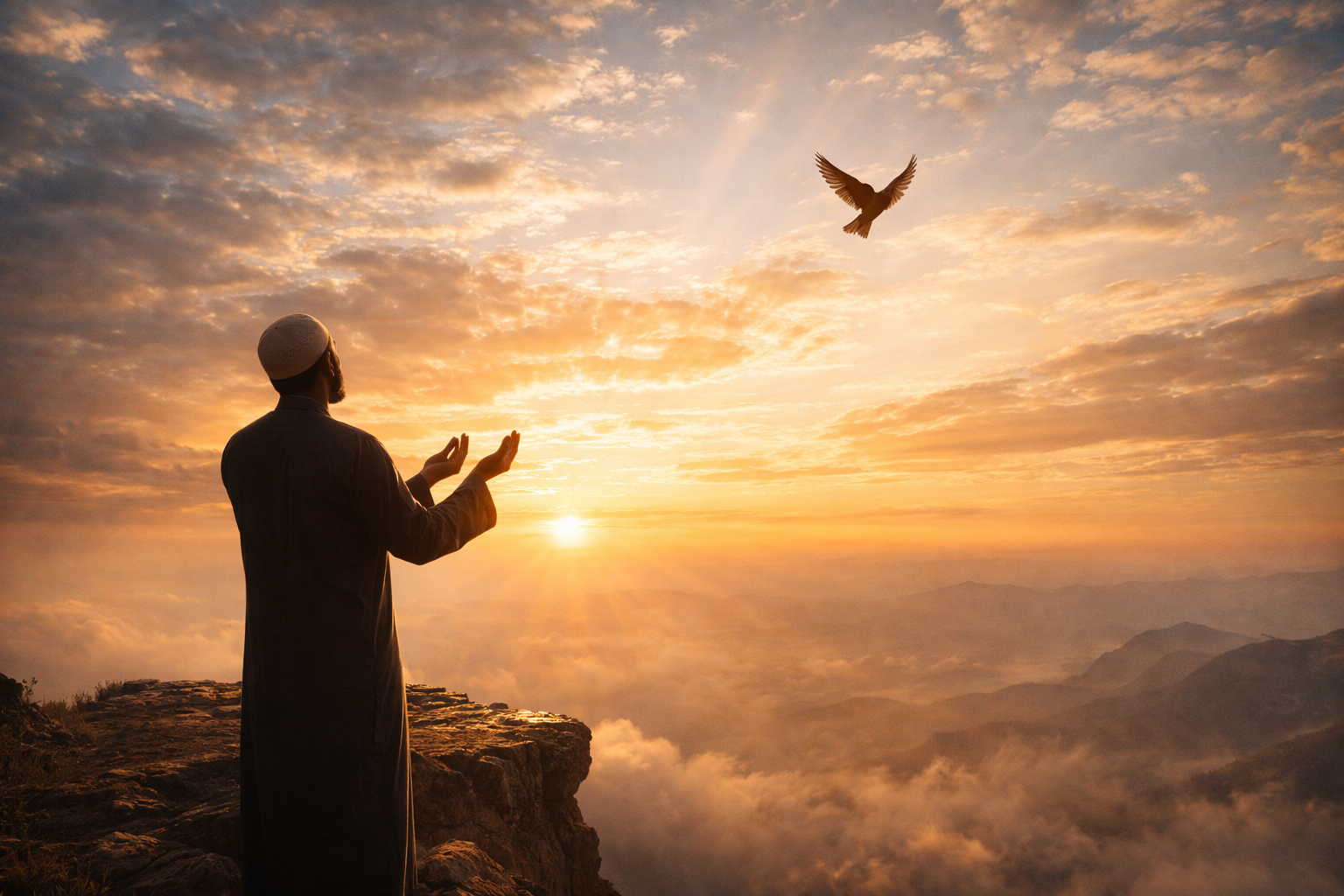 A bird flying into the sunrise symbolizing Tawakkul and trust in Allah's provision.