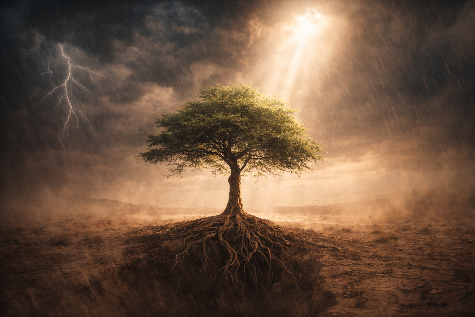A resilient tree standing in a storm, symbolizing Sabr (patience) and strength in Islam.