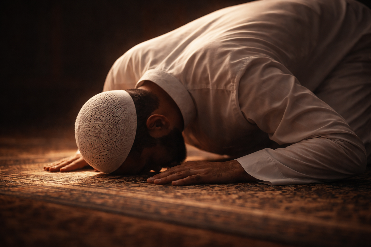 A Muslim in deep prostration (Sujood) showing Khushoo and focus in Salah.
