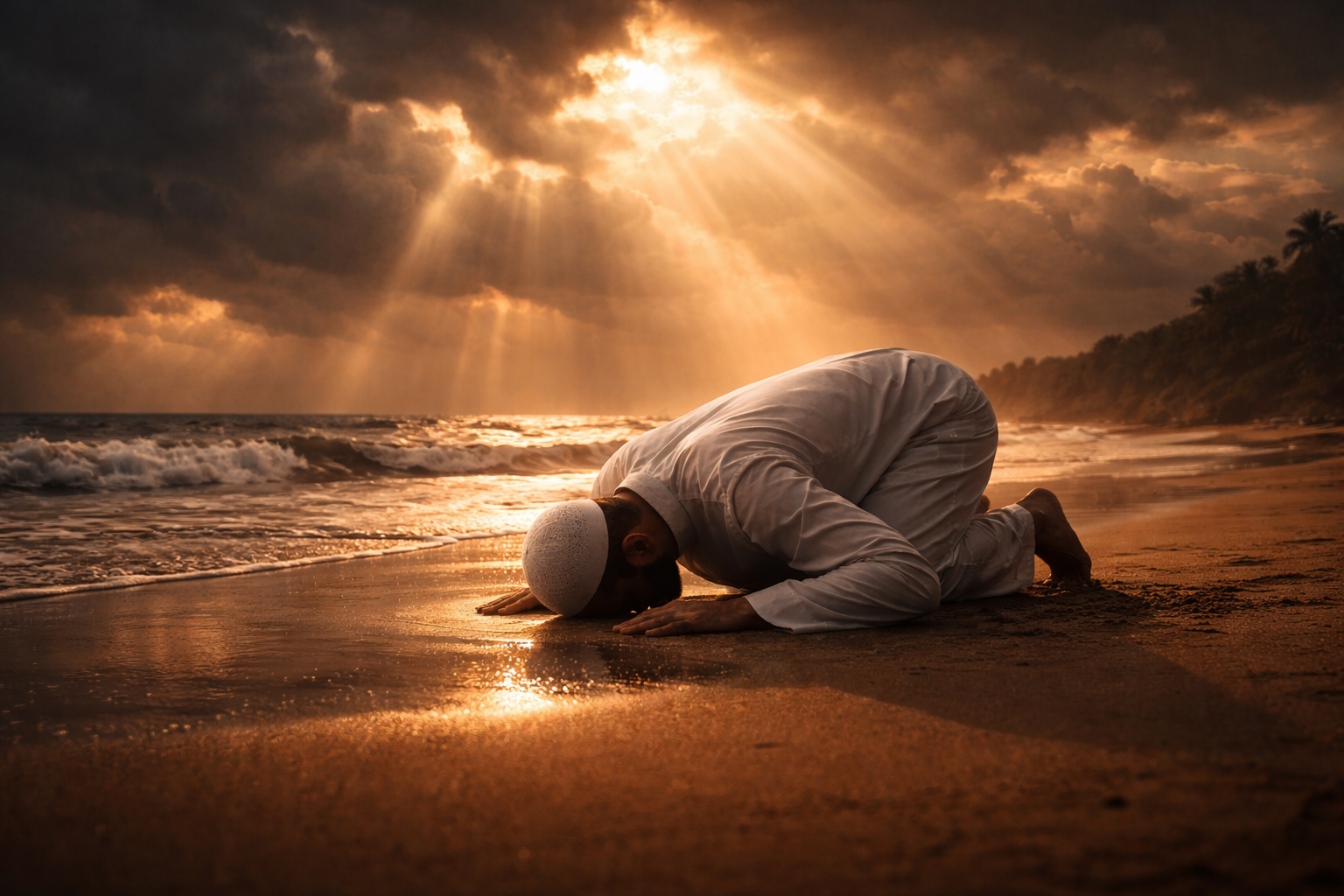 A believer raising hands in sincere repentance (Tawbah) towards the light, symbolizing hope and forgiveness.