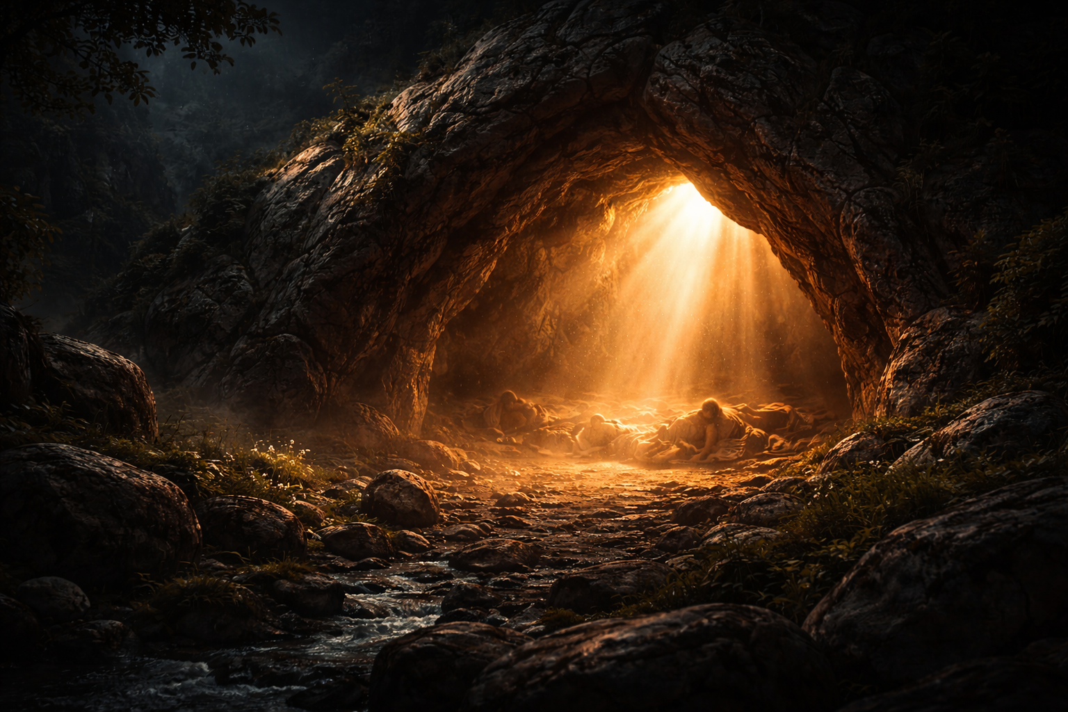 A glowing cave entrance representing Surah Al-Kahf and the light between two Fridays.