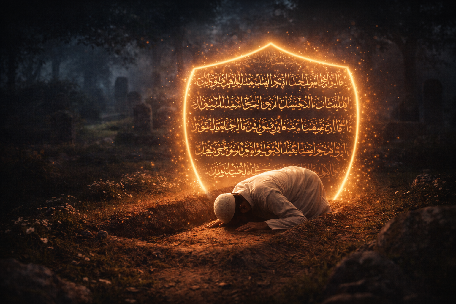 Golden light forming a shield of Quran verses protecting a believer, symbolizing Surah Al-Mulk.