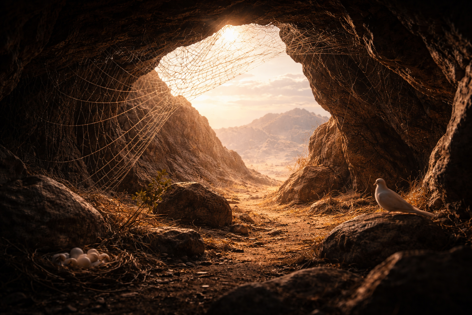 The entrance of the Cave of Thawr with a spider web, symbolizing the protection of Prophet Muhammad and Abu Bakr during Hijrah.