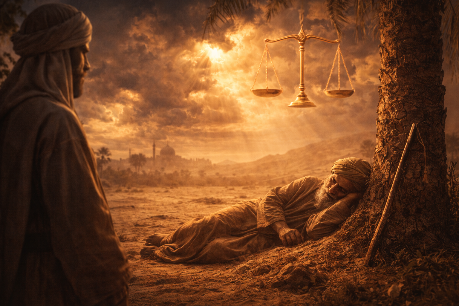 Symbolic image of Umar ibn Al-Khattab's justice, showing a humble setting under a tree representing his leadership.
