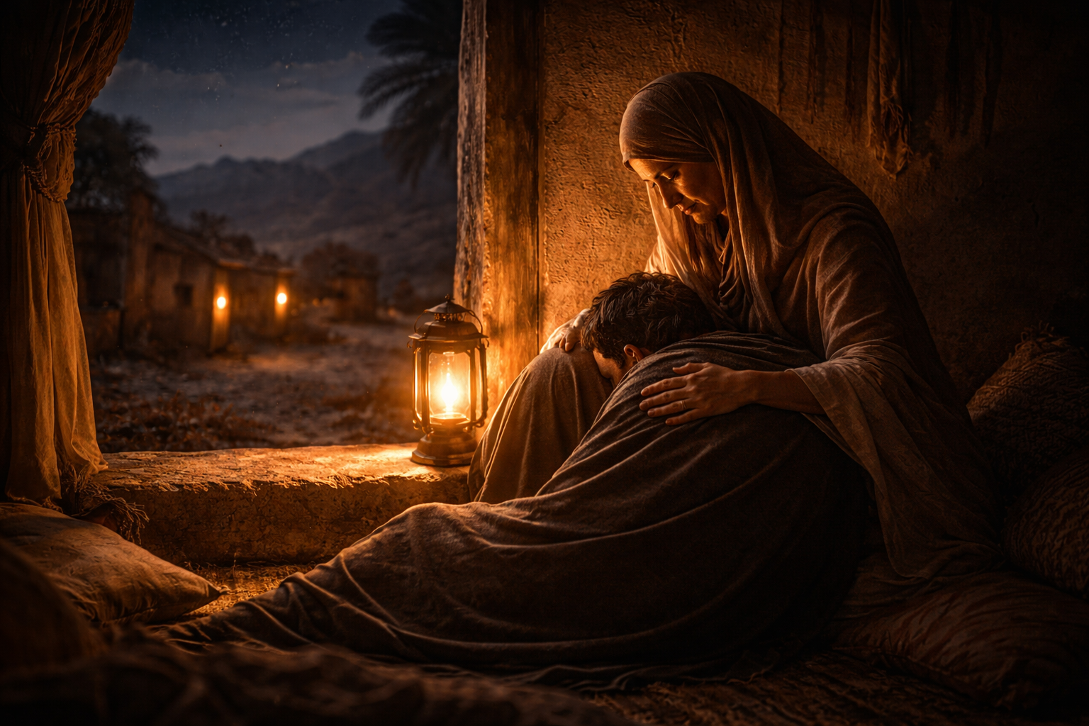 Conceptual representation of Khadija bint Khuwaylid comforting Prophet Muhammad during the first revelation.