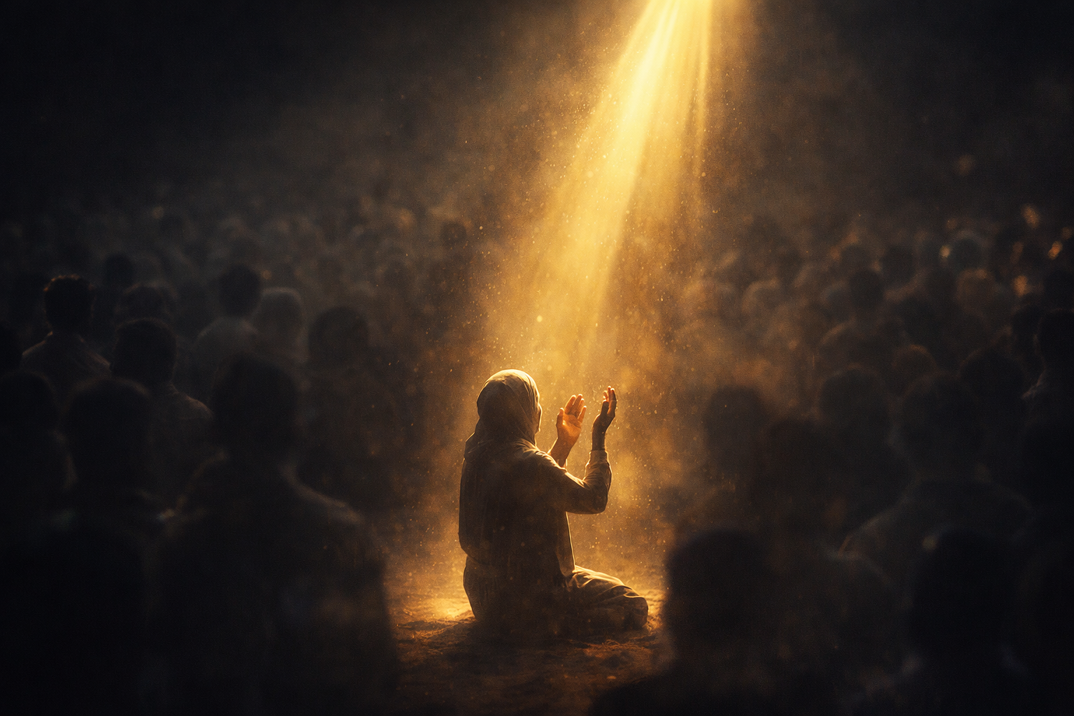 A focused beam of light shining on a believer, representing the specific and special mercy of Allah's name Ar-Rahim.