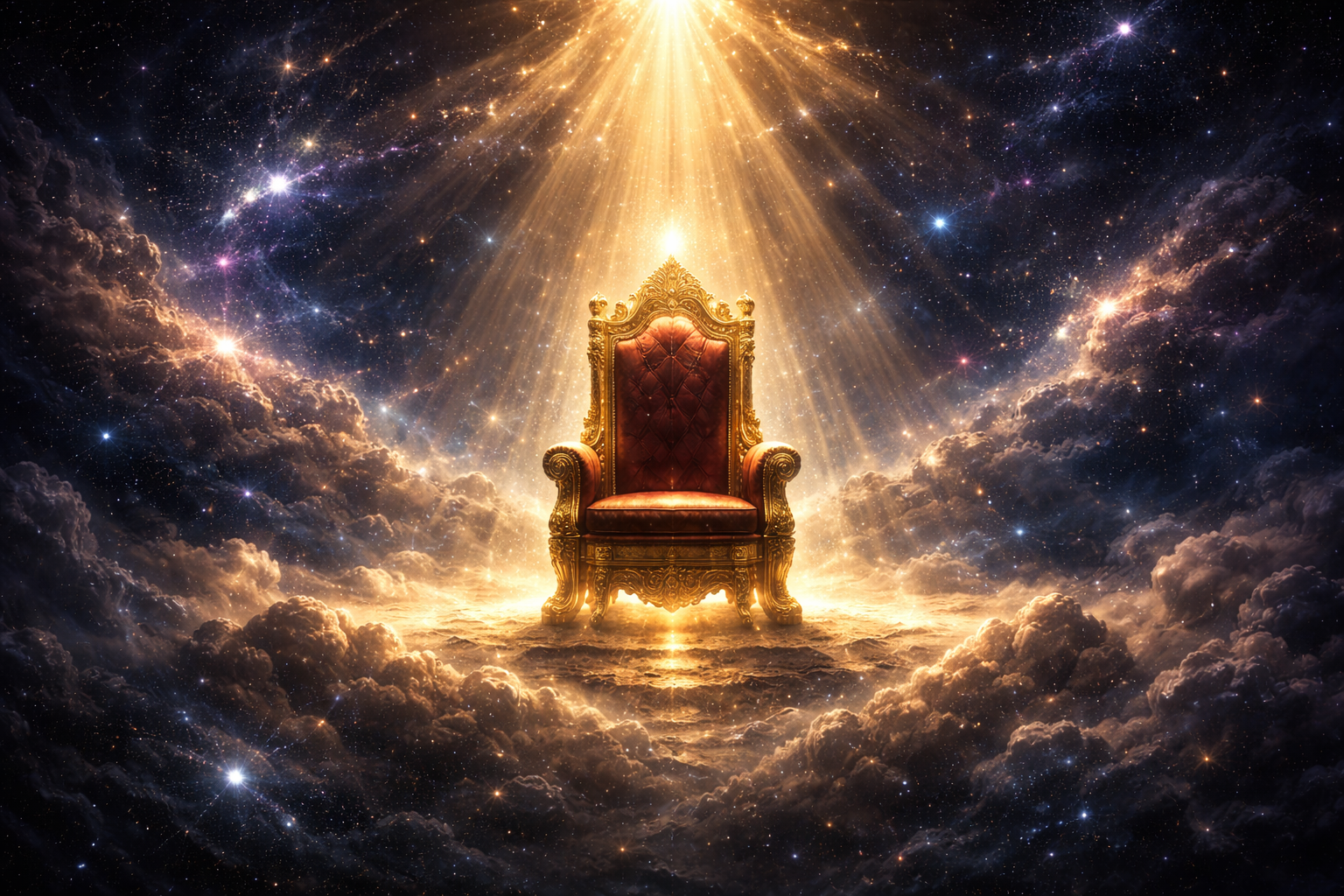 A symbolic image of a grand throne in the universe representing Allah's absolute sovereignty as Al-Malik.